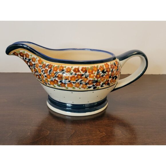 Handmade Polish Pottery Gravy Boat By Patrycja Kolazyńska 9" Floral Pattern - Picture 2 of 6